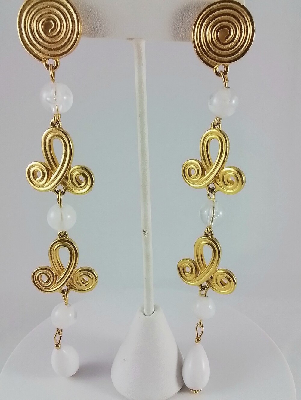 Long Gold Tone Spiral Drop Earrings with White Beads | Boho Vintage Style